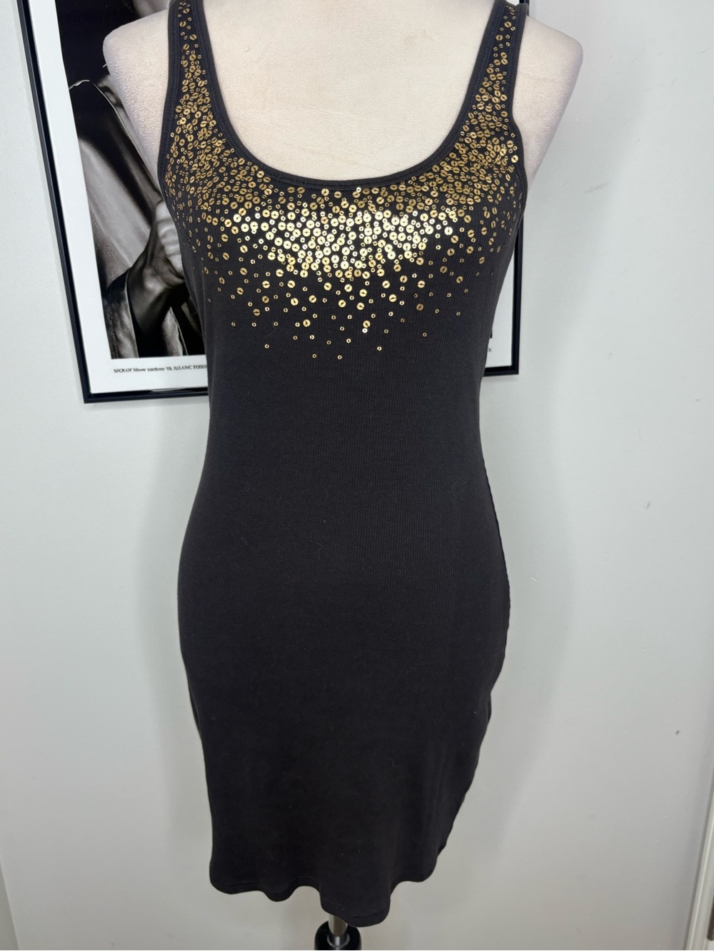 Moda International Black Mini Dress with Gold Sequin Accents
